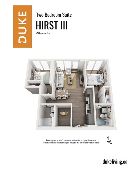 Floor plan for 2 beds, 2 baths, 796 sqft